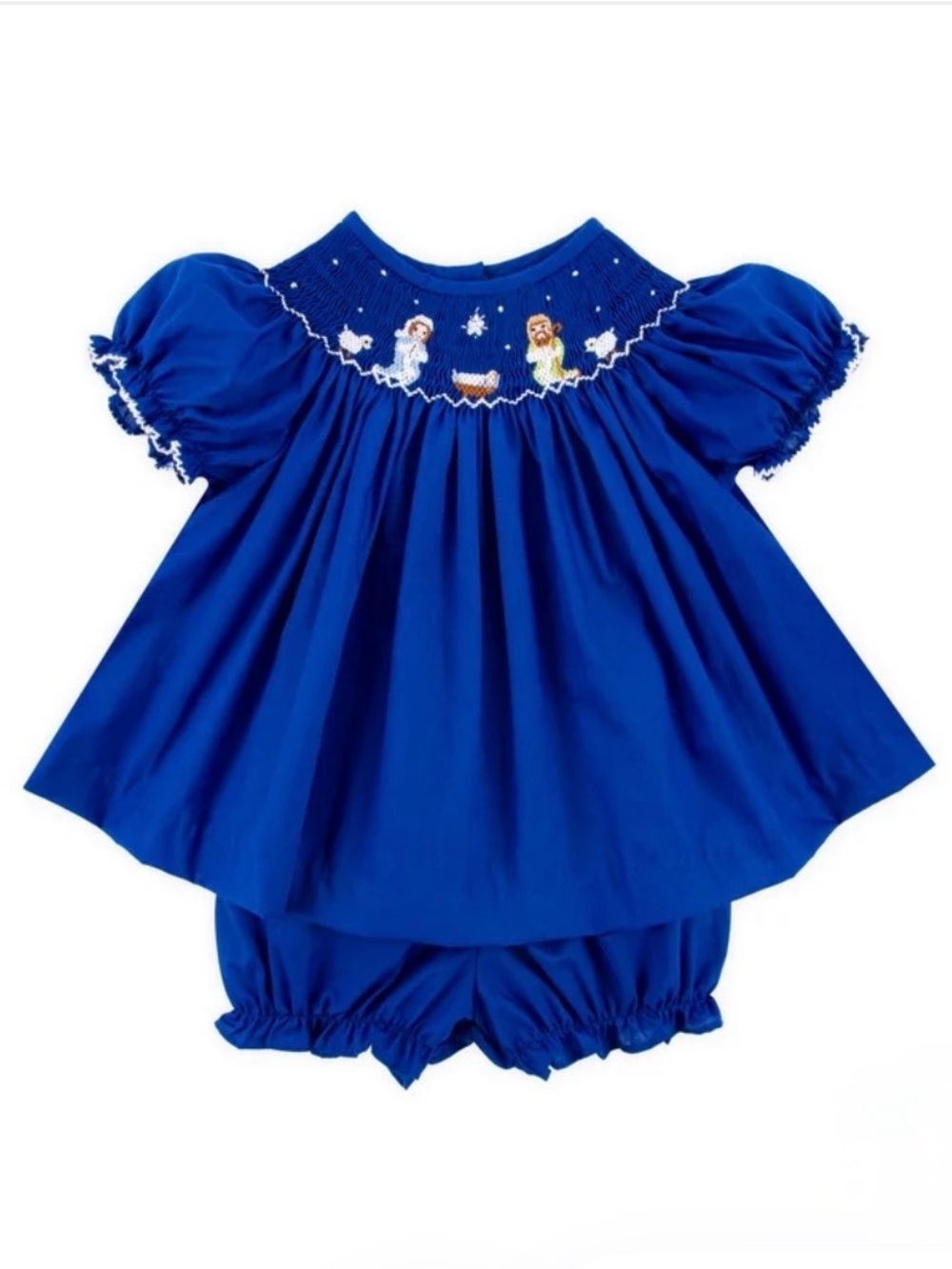 Classic Whimsy Nativity Smocked Royal Blue Baby Dress & Bloomers Set